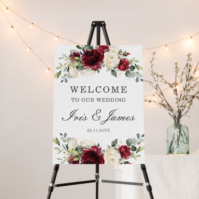 Rustic Burgundy Ivory Floral Wedding Welcome Foam Board (In Situ (Stand))
