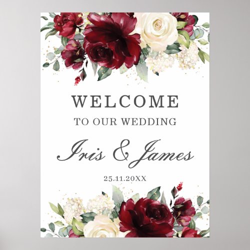 Rustic Burgundy Ivory Floral Wedding Welcome Sign