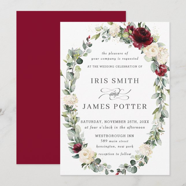 Rustic Burgundy Ivory Floral Wreath Leafy Wedding Invitation (Front/Back)