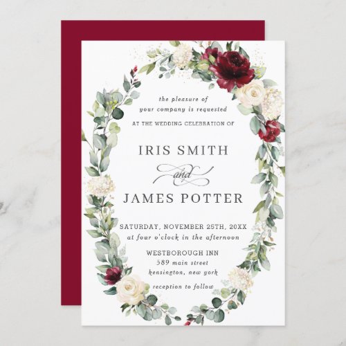 Rustic Burgundy Ivory Floral Wreath Leafy Wedding Invitation