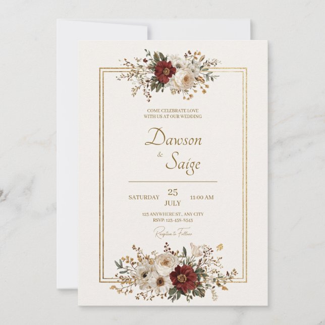 Rustic Burgundy Ivory Gold Floral Wedding Invitation (Front)