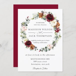 Rustic Burgundy Ivory Orange Floral Wreath Wedding Invitation