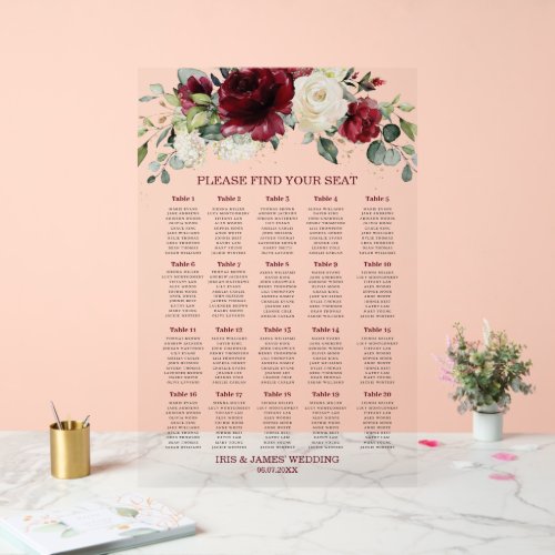 Rustic Burgundy Ivory White Floral Wedding Seating Acrylic Sign