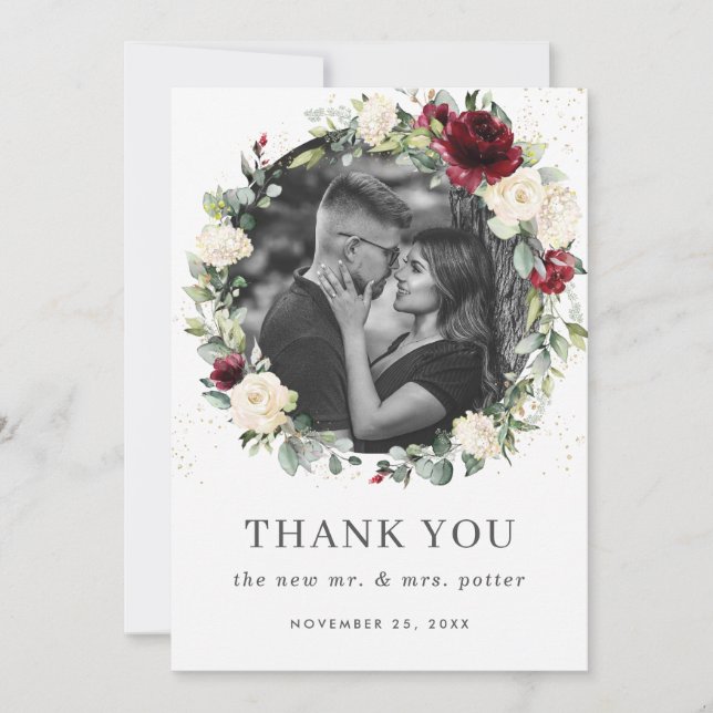 Rustic Burgundy Ivory White Floral Wreath Photo Thank You Card (Front)