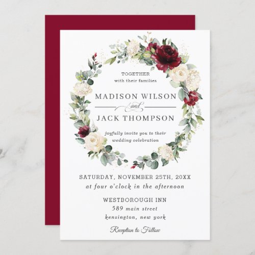 Rustic Burgundy Ivory White Floral Wreath Wedding Invitation