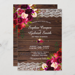 Rustic Burgundy Lace Floral Barn Country Wedding Invitation