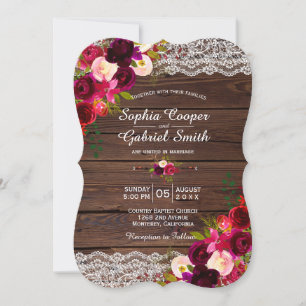 Rustic Burgundy Lace Floral Barn Country Wedding Invitation
