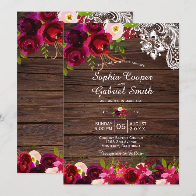 Rustic Burgundy Lace Floral | Barn Wood Wedding Invitation (Front/Back)