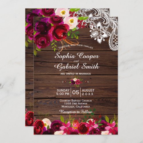 Rustic Burgundy Lace Floral  Barn Wood Wedding Invitation