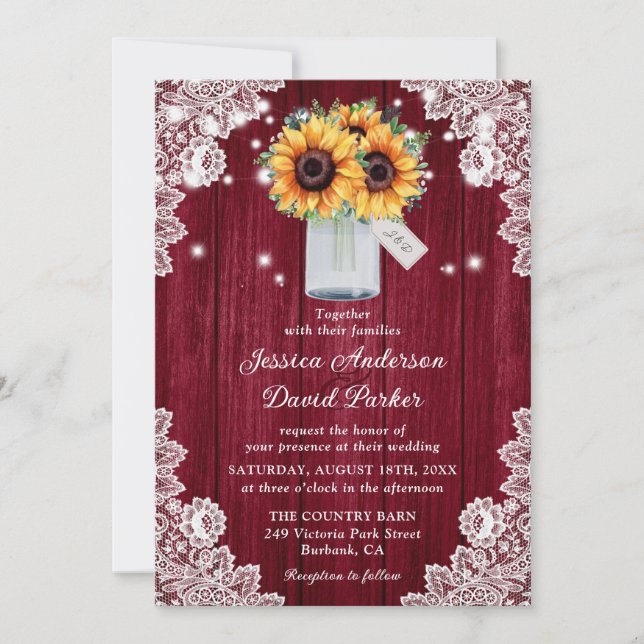 Rustic Burgundy Lace Mason Jar Sunflower Wedding Invitation (Front)