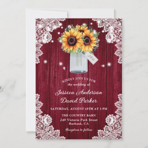 Rustic Burgundy Lace Mason Jar Sunflower Wedding Invitation