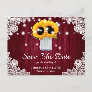 Rustic Burgundy Lace Sunflower Save The Date