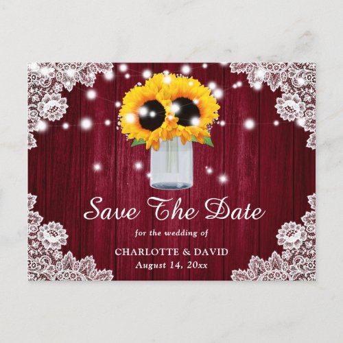 Rustic Burgundy Lace Sunflower Save The Date Announcement Postcard