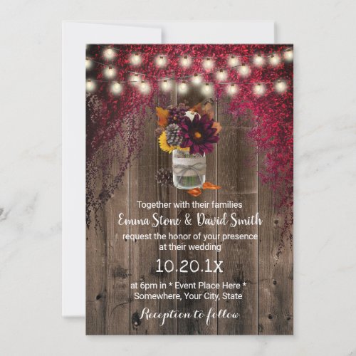 Rustic Burgundy Leaves Autumn Floral Jar Wedding Invitation