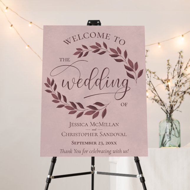 Rustic Burgundy Leaves Dusty Rose Wedding Welcome Foam Board (In Situ (Stand))