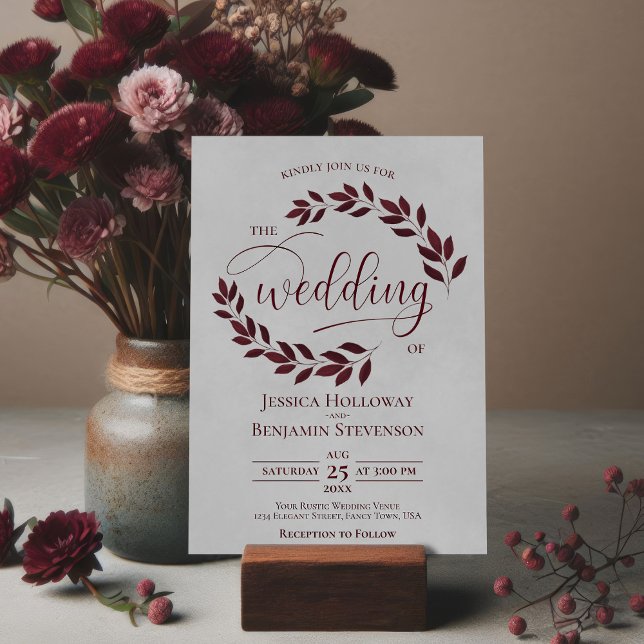 Rustic Burgundy Leaves Elegant Gray Wedding Invitation (Creator Uploaded)