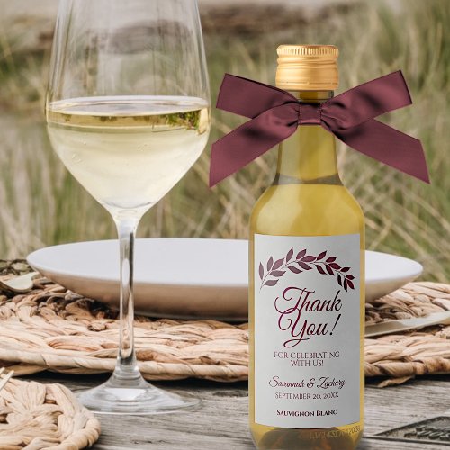 Rustic Burgundy Leaves Gray Wedding Thank You Mini Wine Label
