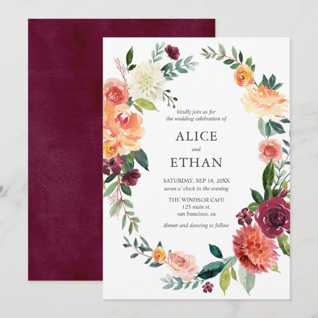 Rustic Burgundy Light Yellow Flowers Wedding Invitation (Front/Back)