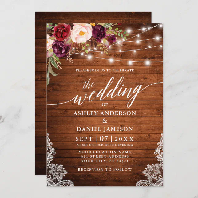 Rustic Burgundy Lights Lace Calligraphy Wedding Invitation | Zazzle