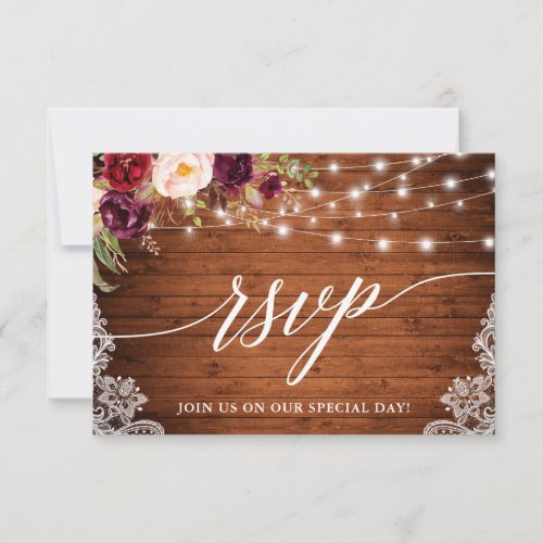 Rustic Burgundy Lights Lace Calligraphy Wedding RSVP Card