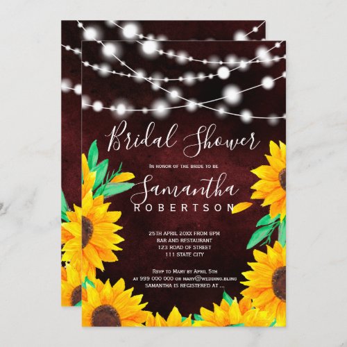 Rustic burgundy lights sunflowers bridal shower invitation