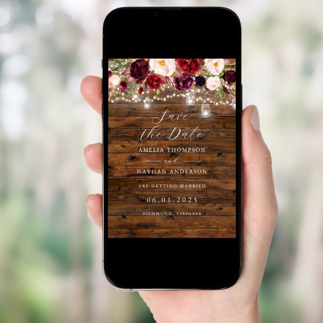 Rustic Burgundy Lights Wedding Save The Date Invitation (Front Digital)