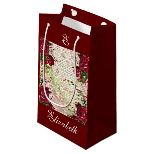 Rustic Burgundy Maroon Roses Bridesmaid Monogram Small Gift Bag