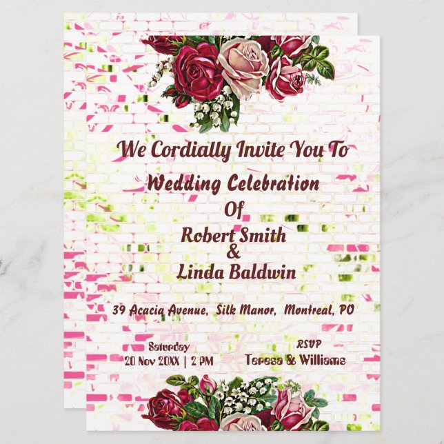 Rustic Burgundy Maroon Roses Floral wedding Invitation (Front/Back)
