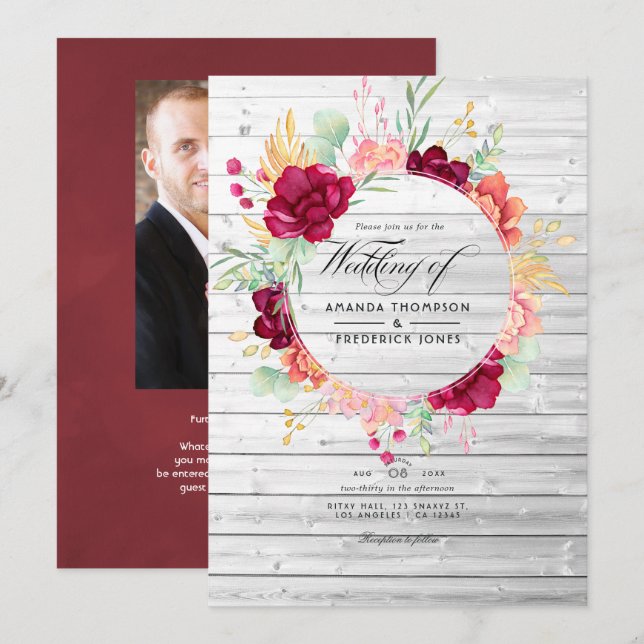 Rustic Burgundy - Marsala and Blush Floral Wedding Invitation (Front/Back)