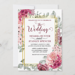 Rustic Burgundy Marsala and Pink Floral Wedding Invitation