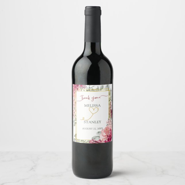 Rustic Burgundy Marsala and Pink Floral Wedding Wine Label (Front)