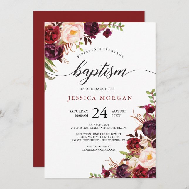 Rustic Burgundy Marsala Baptism Invitation (Front/Back)