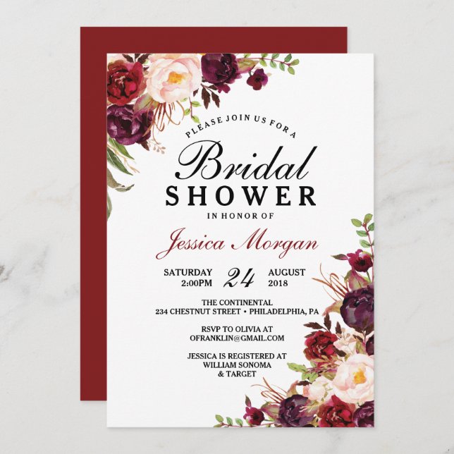 Rustic Burgundy Marsala Bridal Shower Invitation (Front/Back)
