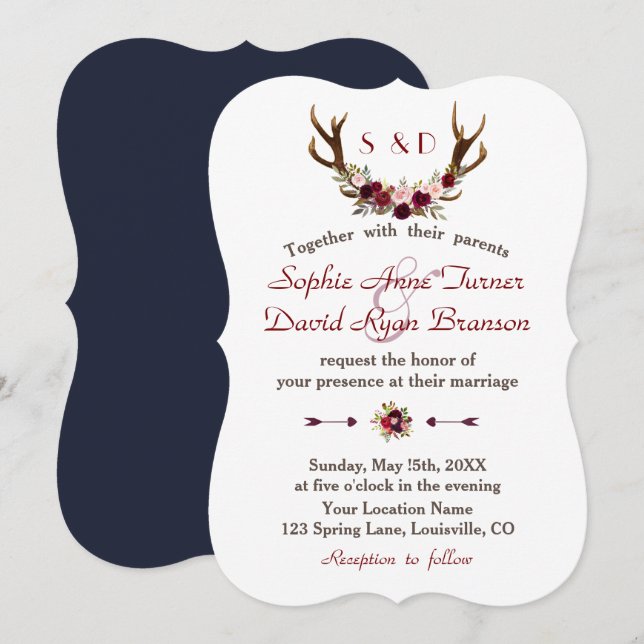 Rustic Burgundy Marsala Floral Antlers Wedding Invitation (Front/Back)