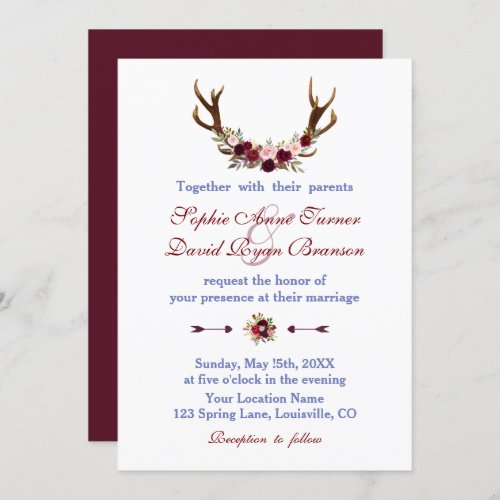 Rustic Burgundy Marsala Floral Antlers Wedding Invitation