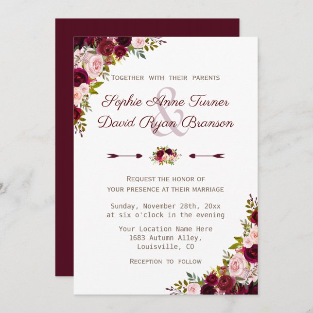 Rustic Burgundy Marsala Floral Wedding Invitation (Front/Back)