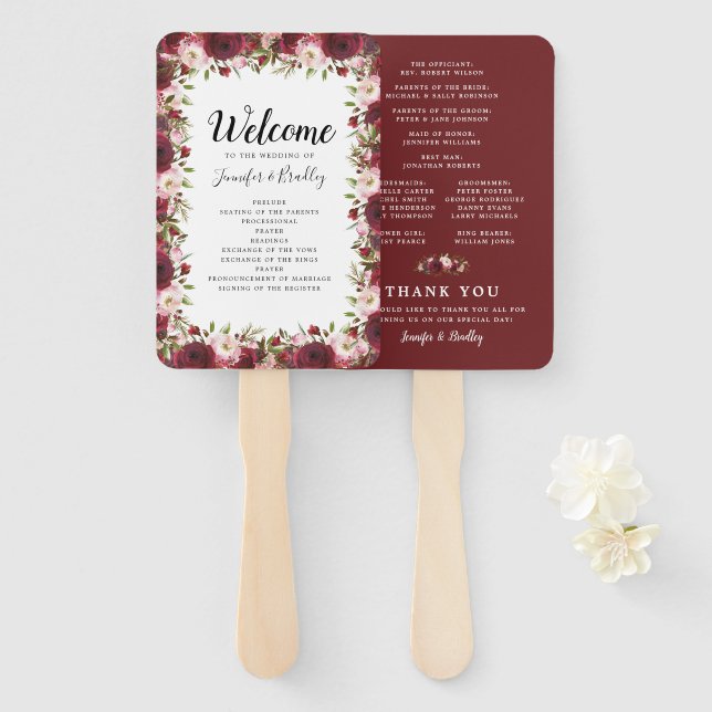 Rustic Burgundy Marsala Floral Wedding Program Hand Fan (Front and Back)