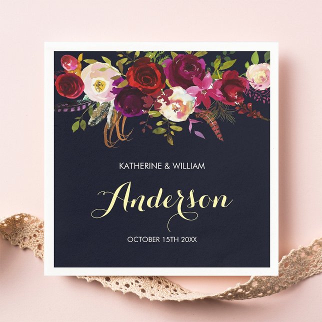 Rustic Burgundy Marsala Navy Floral Wedding Paper Napkins (Creator Uploaded)