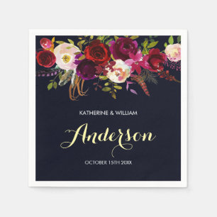 Rustic Burgundy Marsala Navy Floral Wedding Paper Napkins
