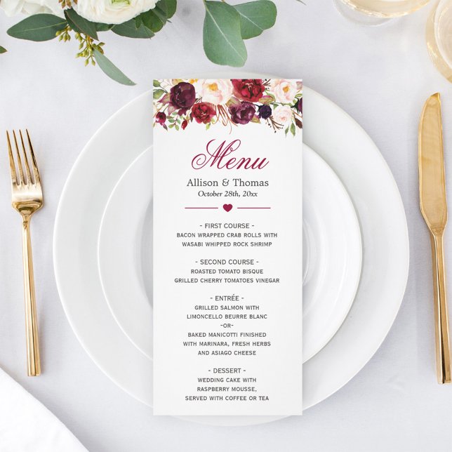 Rustic Burgundy Marsala Red Floral Wedding Menu (Creator Uploaded)