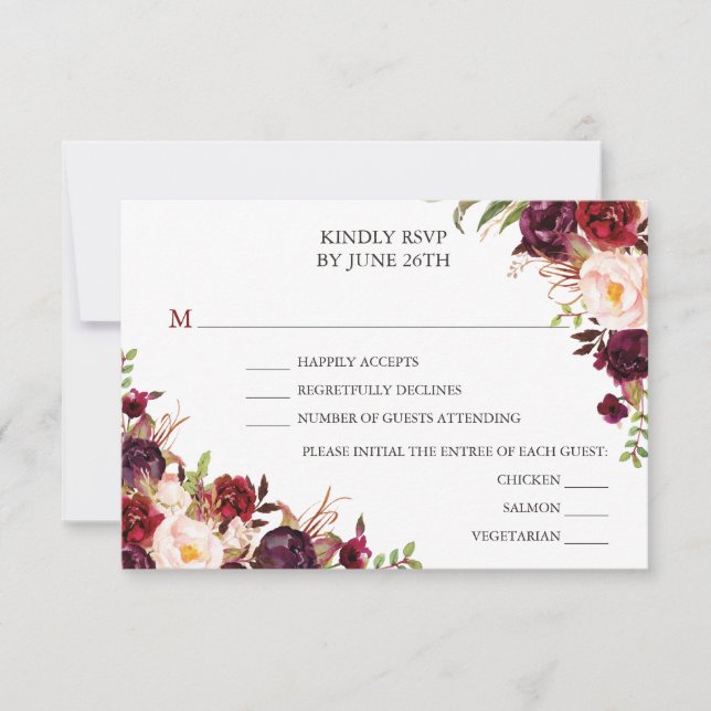 Rustic Burgundy Marsala Wedding RSVP Card (Front)