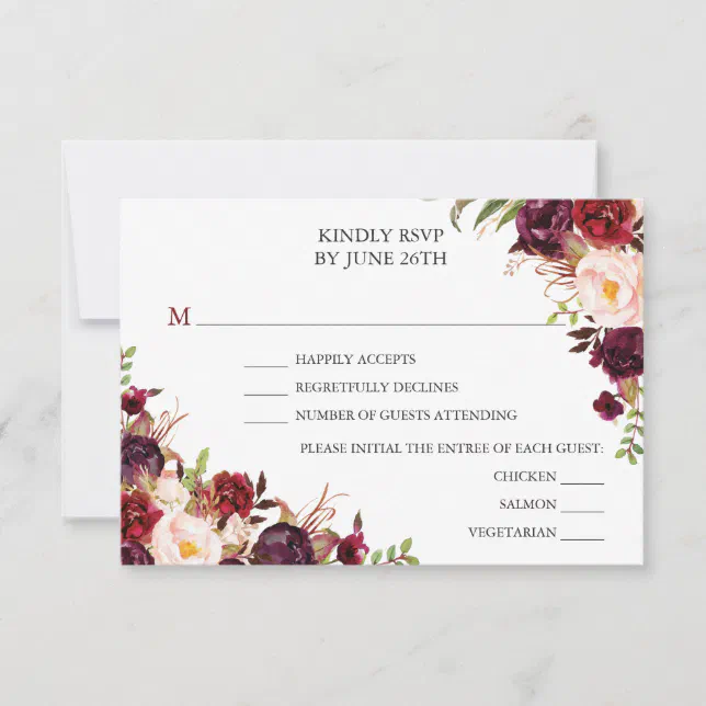 Rustic Burgundy Marsala Wedding RSVP Card | Zazzle