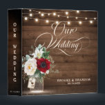 Rustic Burgundy Mason Jar Bridal Shower Recipes 3 3 Ring Binder<br><div class="desc">Rustic country string lights and mason jar with burgundy,  red,  Marsala,  maroon ,  ivory,  blush color floral bouquet and eucalyptus leaves on wood background wedding album. Please contact me for any help in customization or if you need any other product with this design.</div>