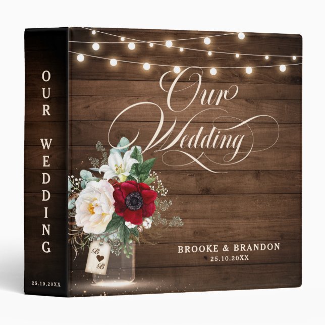 Rustic Burgundy Mason Jar Bridal Shower Recipes 3 3 Ring Binder (Front/Spine)