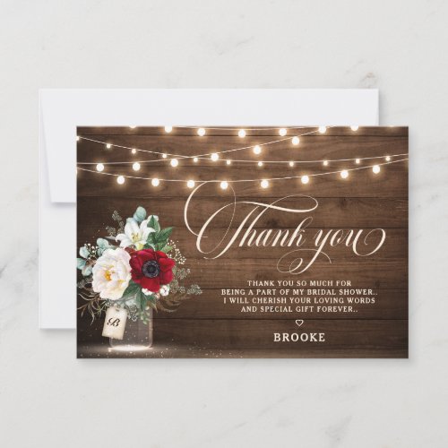 Rustic Burgundy Mason Jar Floral Bridal Shower Thank You Card