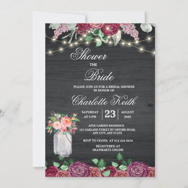 Rustic Burgundy Mason Jar Lights Bridal Shower Invitation (Front)
