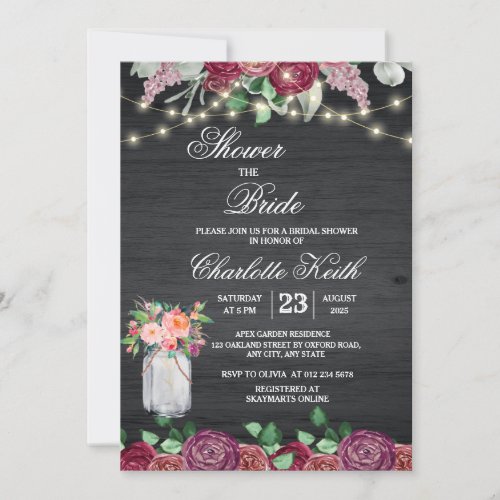 Rustic Burgundy Mason Jar Lights Bridal Shower Invitation