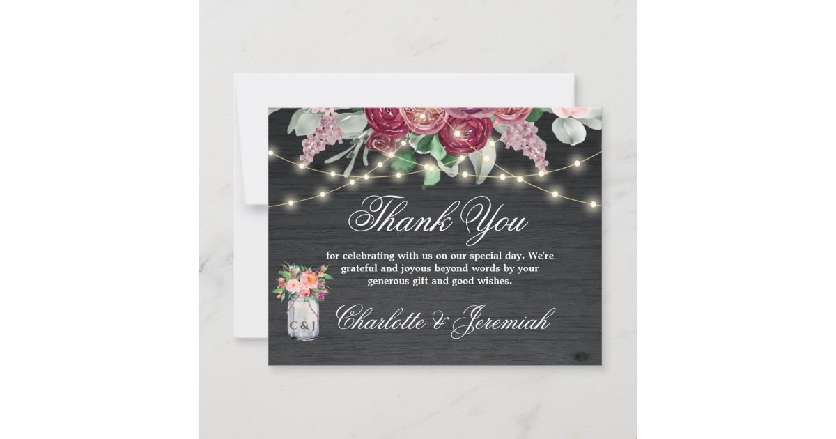Rustic Burgundy Mason Jar String Lights Wedding Thank You Card | Zazzle