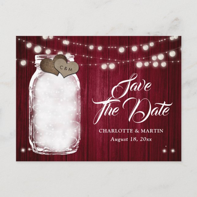 Rustic Burgundy Mason Jar Wedding Save The Date Announcement Postcard (Front)