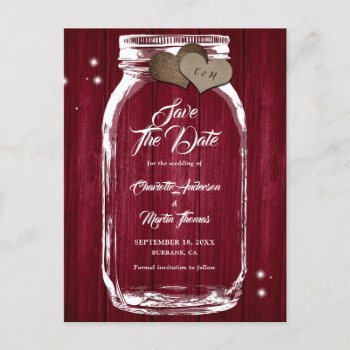 Rustic Burgundy Mason Jar Wedding Save The Date Announcement Postcard by DanielCapPhotography at Zazzle